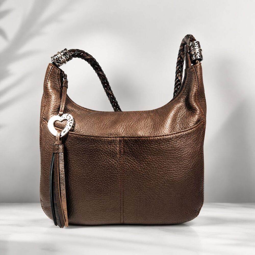 Brighton Barbados Hobo Bag Brown Bronze Pebbled Leather Braided w Dust Bag